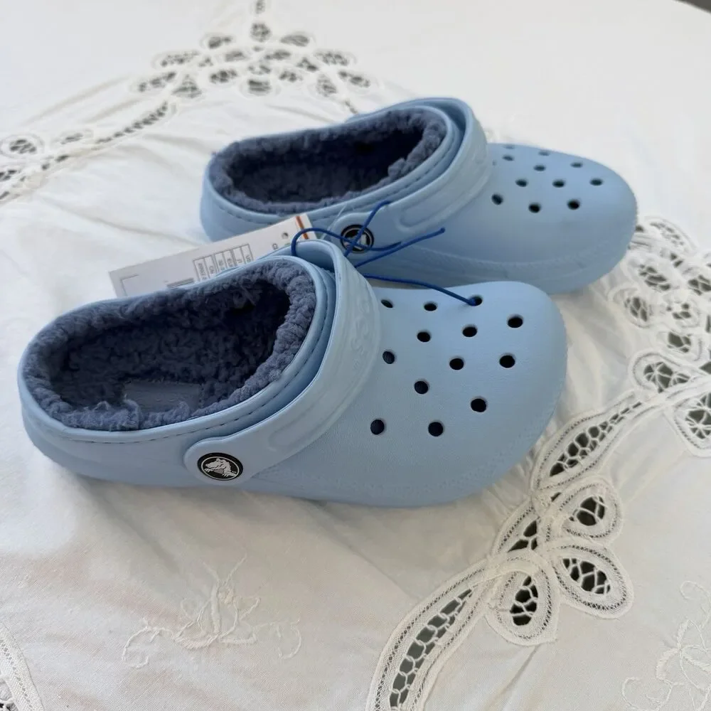 New Crocs Classic Lined Clog Kids J1 Light Blue Fleece Lined Unisex